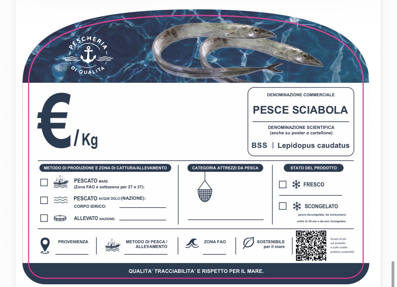 Cartellino pesce sciabola con qr code