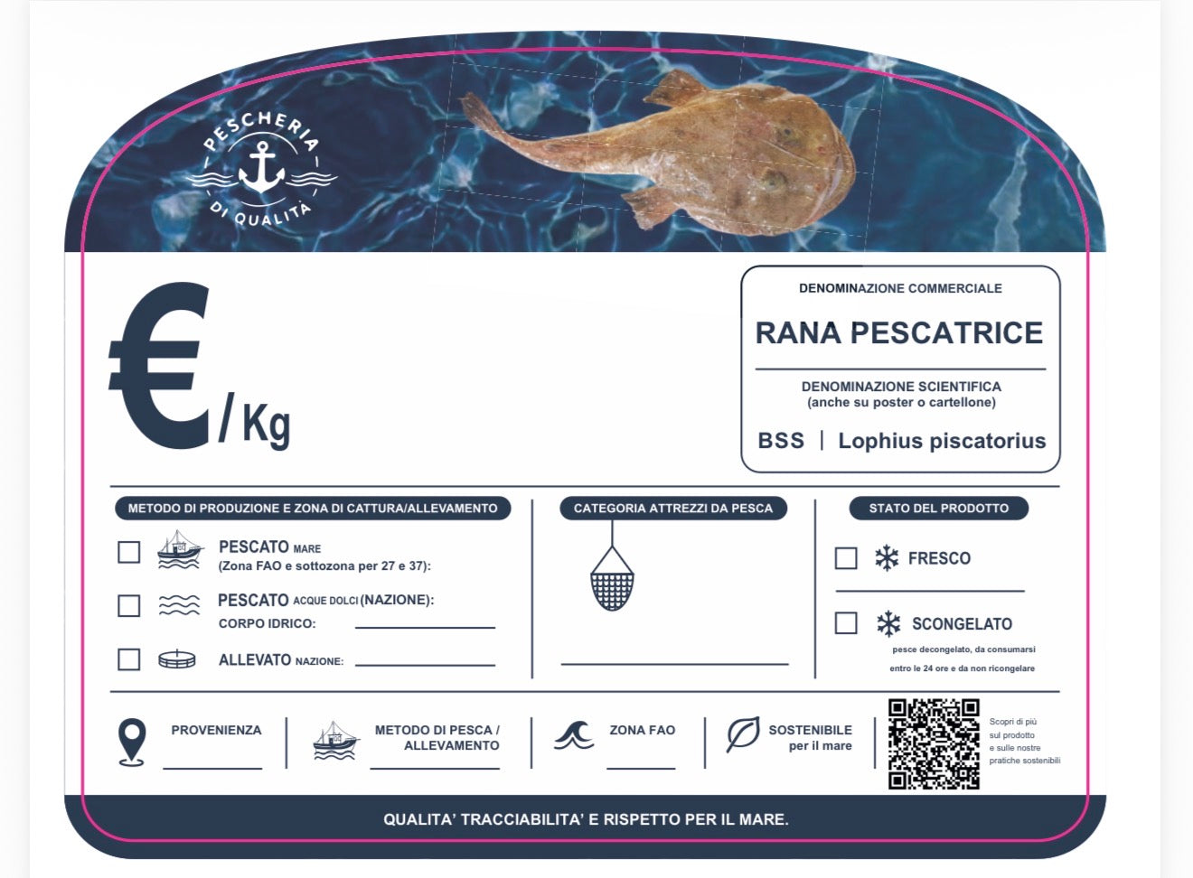 Cartellino rana pescatrice con qr code